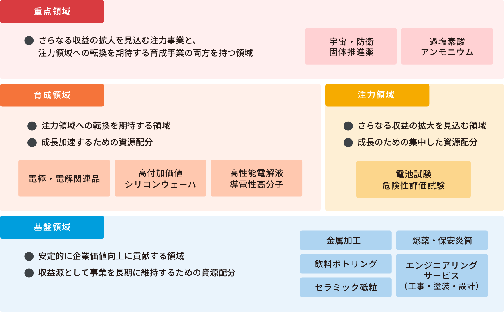 重点領域、注力領域、育成領域、基盤領域
