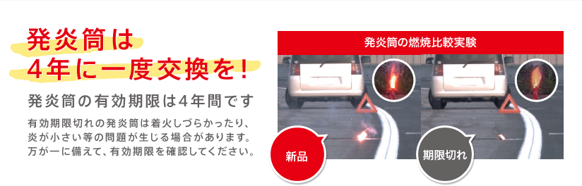 発炎筒は4年に一度交換を！発炎筒の有効期限は4年間です。有効期限切れの発炎筒は着火しづらかったり、炎が小さい等の問題が生じる場合があります。万が一に備えて、有効期限を確認してください。